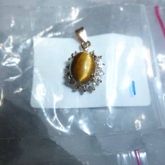 18K Gold Electroplate Tiger's Eye Swarovski Crystals Pendant - Picture 11 of 16